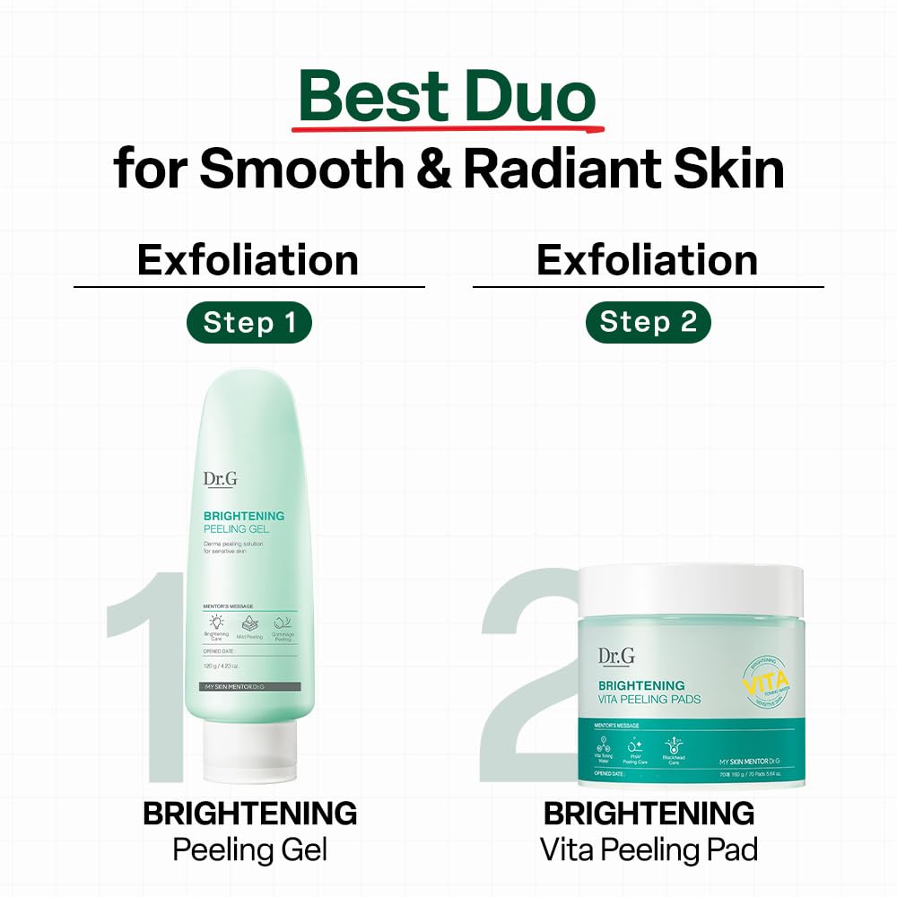 Dr. G Brightening Vita Peeling Pad displayed on bathroom vanity.