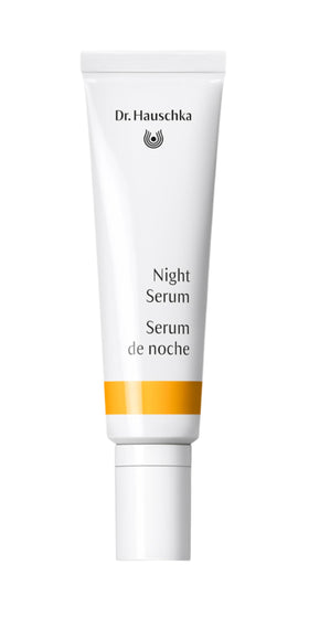 Dr. Hauschka Night Serum bottle close-up, oil-free night care for breathable skin.
