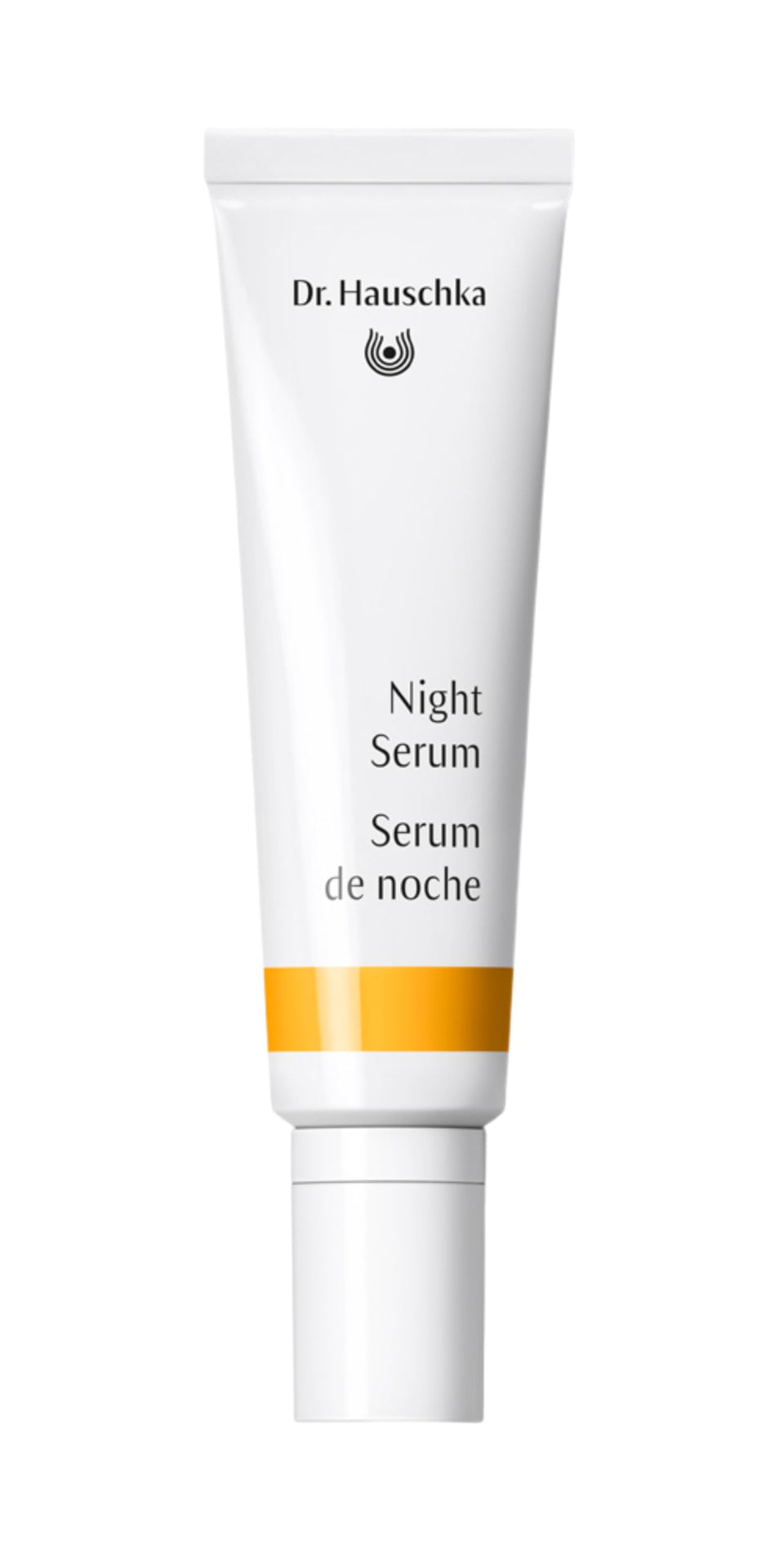 Dr. Hauschka Night Serum bottle close-up, oil-free night care for breathable skin.