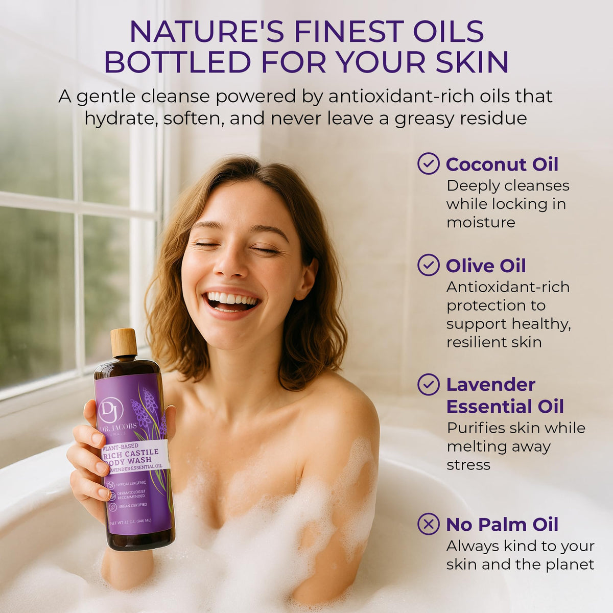 DR.JACOBS NATURALS lavender castile soap close-up reveals aloe vera and vitamin E hydration