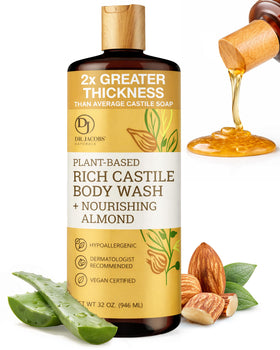 DR.JACOBS NATURALS almond castile soap bottle, plant-based cleansing for daily use.