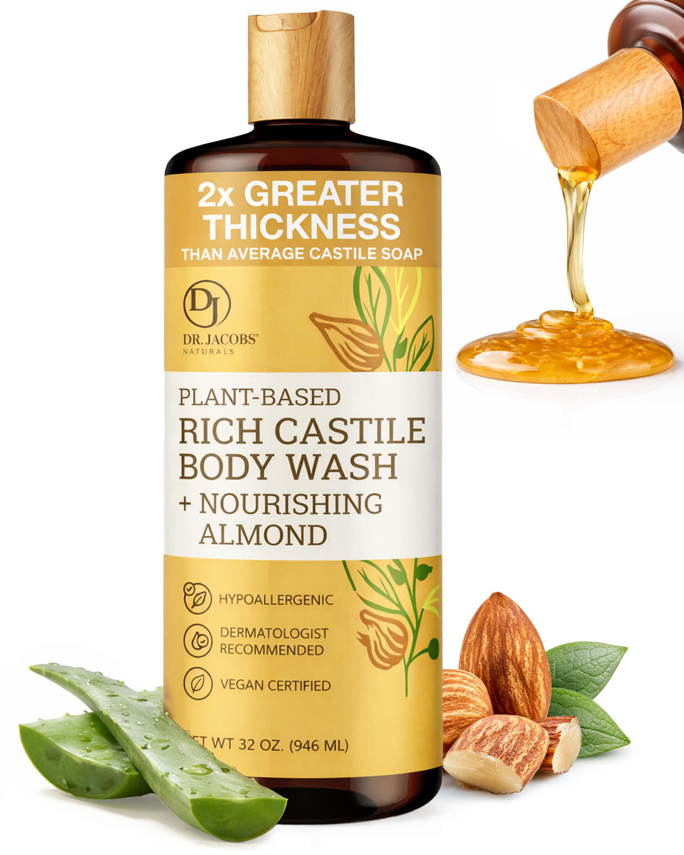 DR.JACOBS NATURALS almond castile soap bottle, plant-based cleansing for daily use.