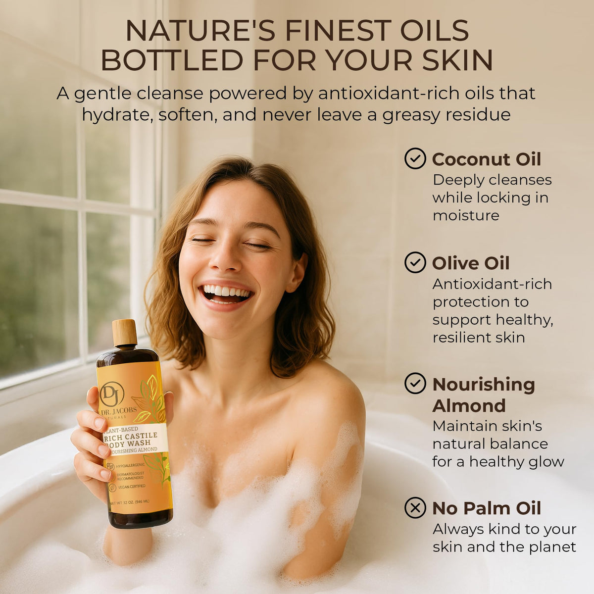 Almond-scented lather from DR.JACOBS NATURALS castile soap in a shower setting.