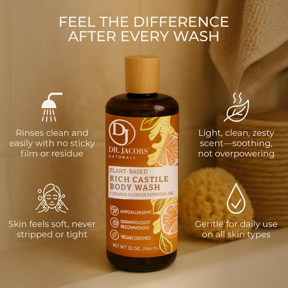 DR.JACOBS NATURALS coconut and olive oil base supports a mild, cleansing lather.