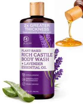 DR.JACOBS NATURALS lavender castile soap bottle shows a soothing plant-based cleanse for daily use