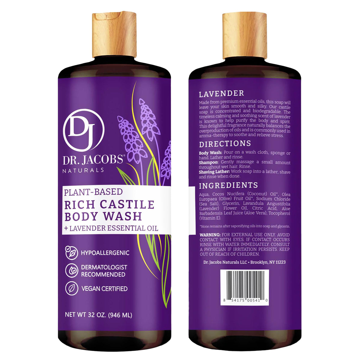 DR.JACOBS NATURALS lavender castile soap bottle highlights palm-free formula for sensitive skin