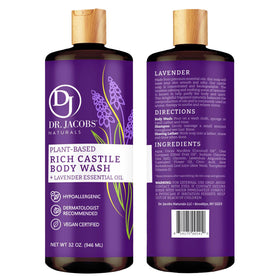 DR.JACOBS NATURALS lavender castile soap bottle highlights palm-free formula for sensitive skin