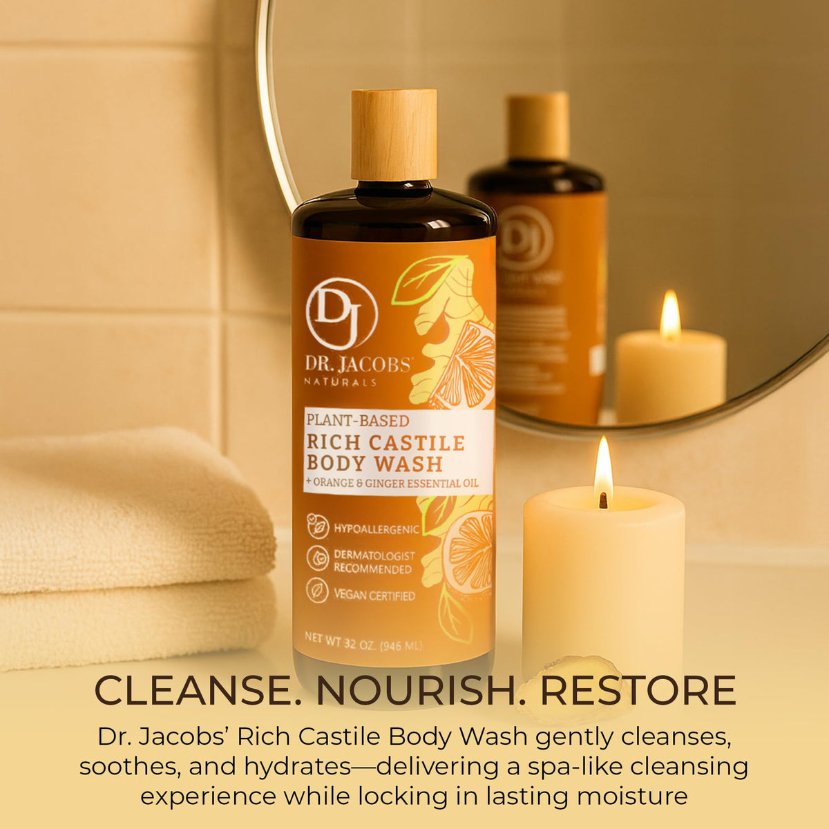 DR.JACOBS NATURALS orange ginger aroma delivers an invigorating shower experience.