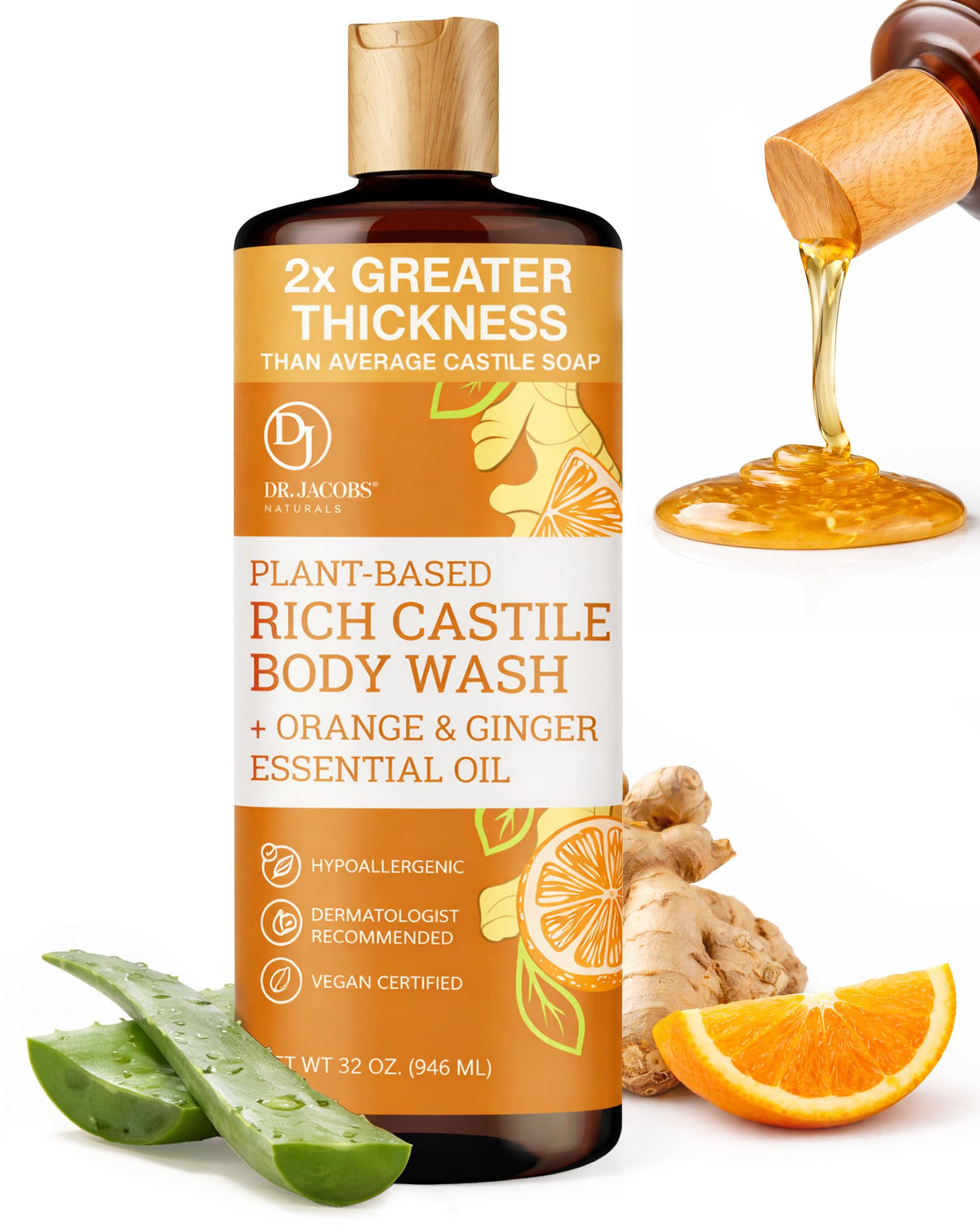 DR.JACOBS NATURALS orange and ginger body wash bottle demonstrates a moisturizing, refreshing cleanse.