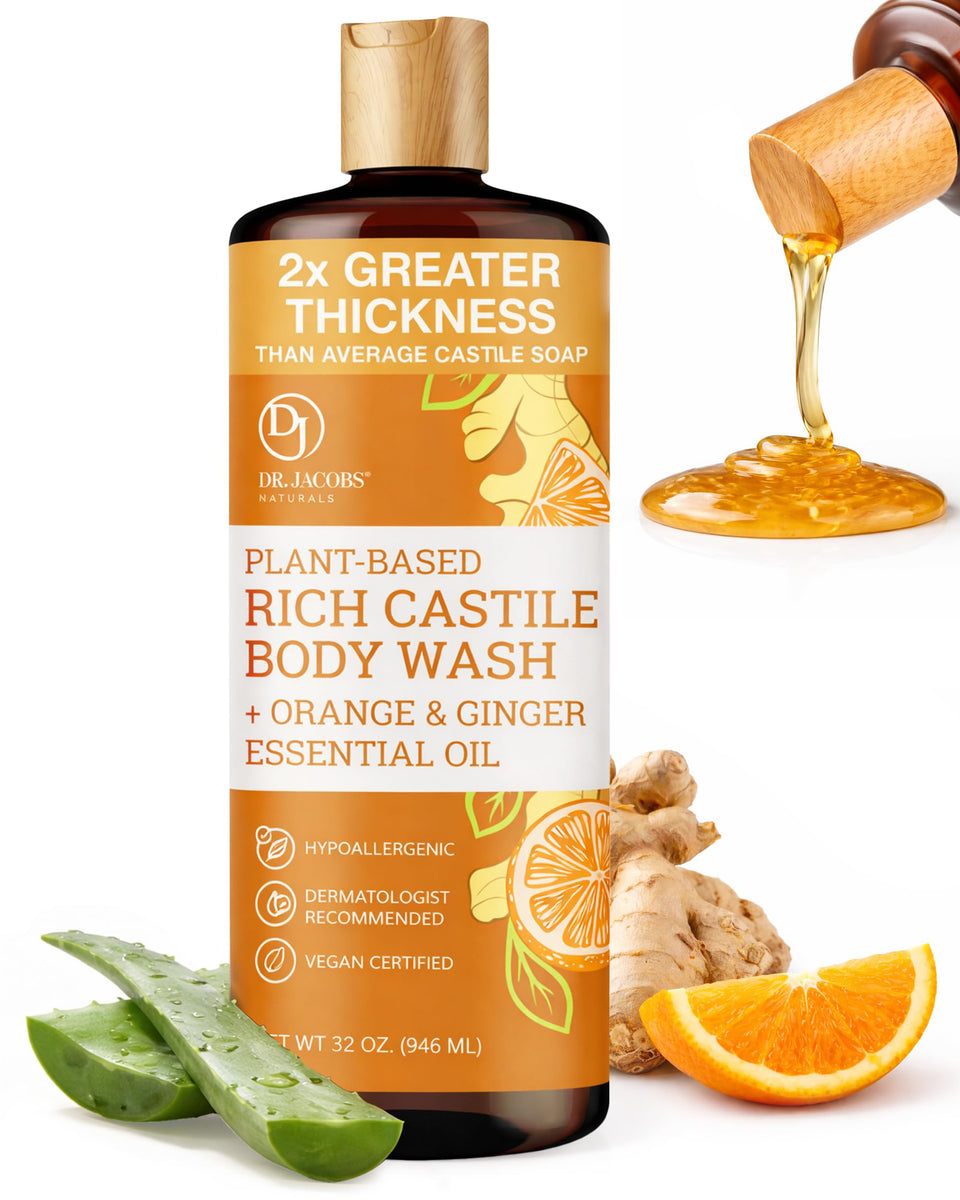 DR.JACOBS NATURALS orange and ginger body wash bottle demonstrates a moisturizing, refreshing cleanse.