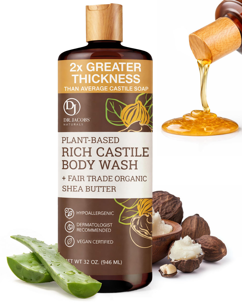 Dr. Jacobs Naturals Pure Castile Soap bottle with shea butter for sensitive skin and hydration.