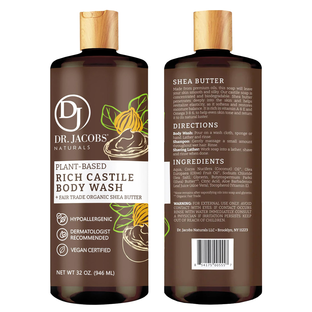 Dr. Jacobs Naturals Castile Soap label highlights shea butter, vitamin E, and aloe vera.