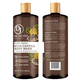 Dr. Jacobs Naturals Castile Soap label highlights shea butter, vitamin E, and aloe vera.