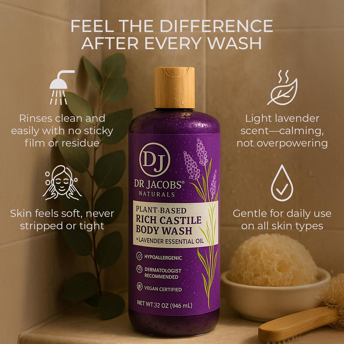 DR.JACOBS NATURALS rich-lather texture shown in a shower scene