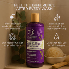 DR.JACOBS NATURALS rich-lather texture shown in a shower scene