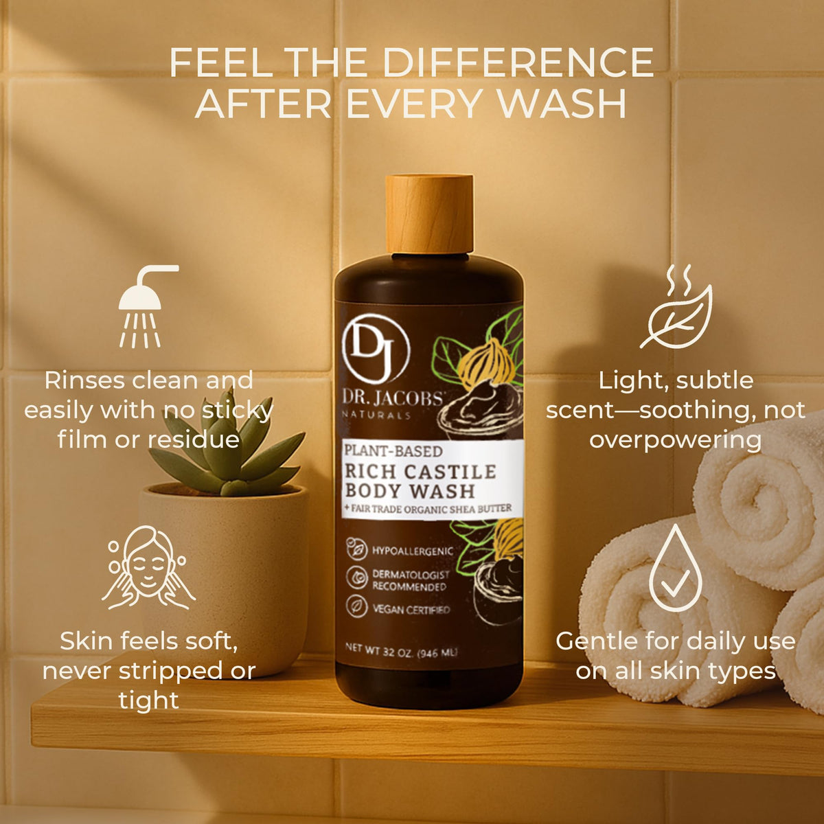 Dr. Jacobs Naturals ingredients visuals show coconut and olive oils for gentle cleansing.