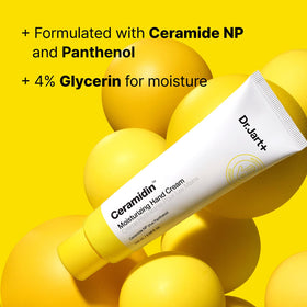 Dr.Jart+ Ceramidin hand cream being applied to dry hands for comfort.