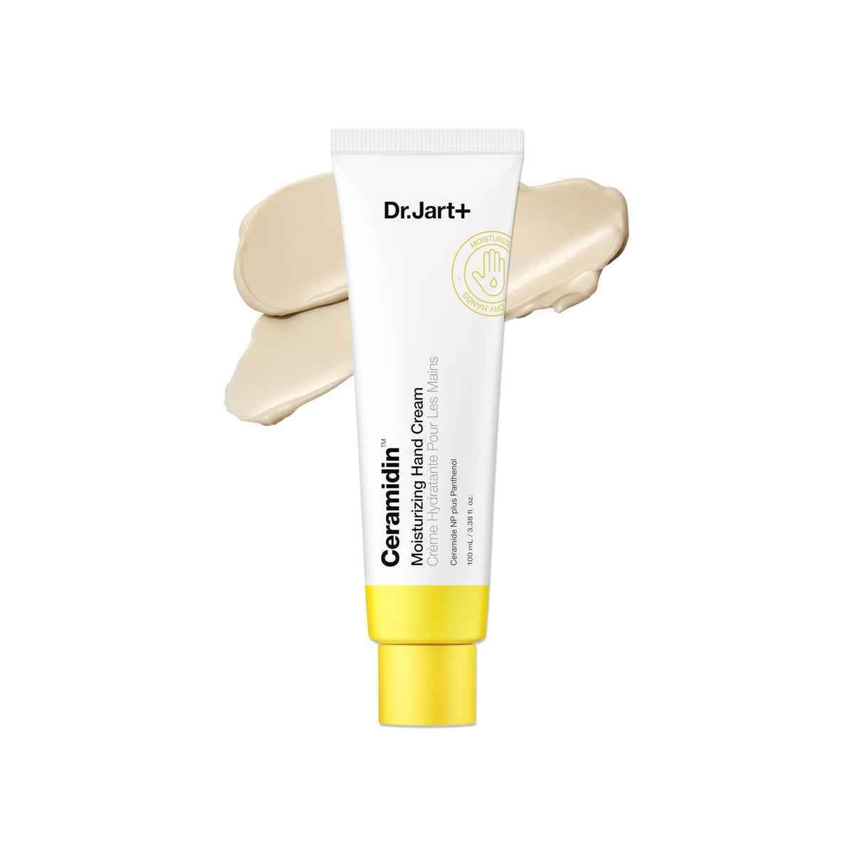 Dr.Jart+ Ceramidin hand cream bottle shows quick moisture for dry hands.