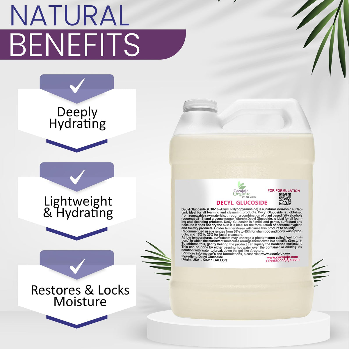 Ingredients panel of Cocojojo Decyl Glucoside emphasizing plant-derived origin.