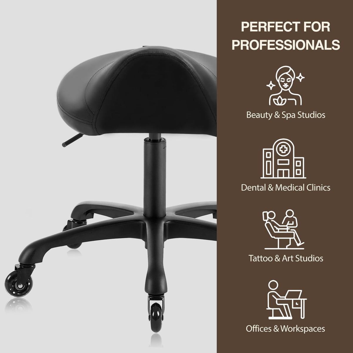 Premium braked casters on DR.LOMILOMI stool for smooth, quiet movement