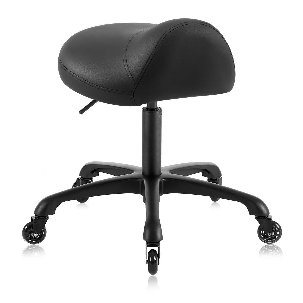 DR.LOMILOMI heavy-duty ergonomic saddle stool side profile showing strong support for long sessions
