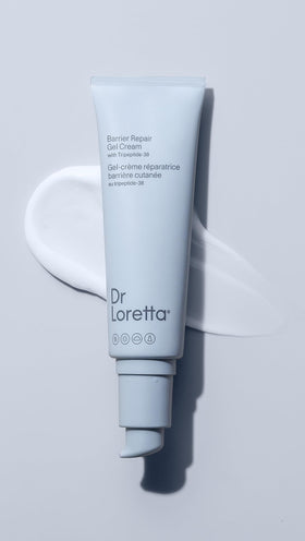 Packaging close-up of Dr. Loretta Barrier Repair Gel Cream, fragrance-free formula.