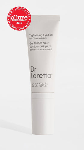 Dr. Loretta eye gel texture close-up highlights smooth, hydrating formula for morning care.
