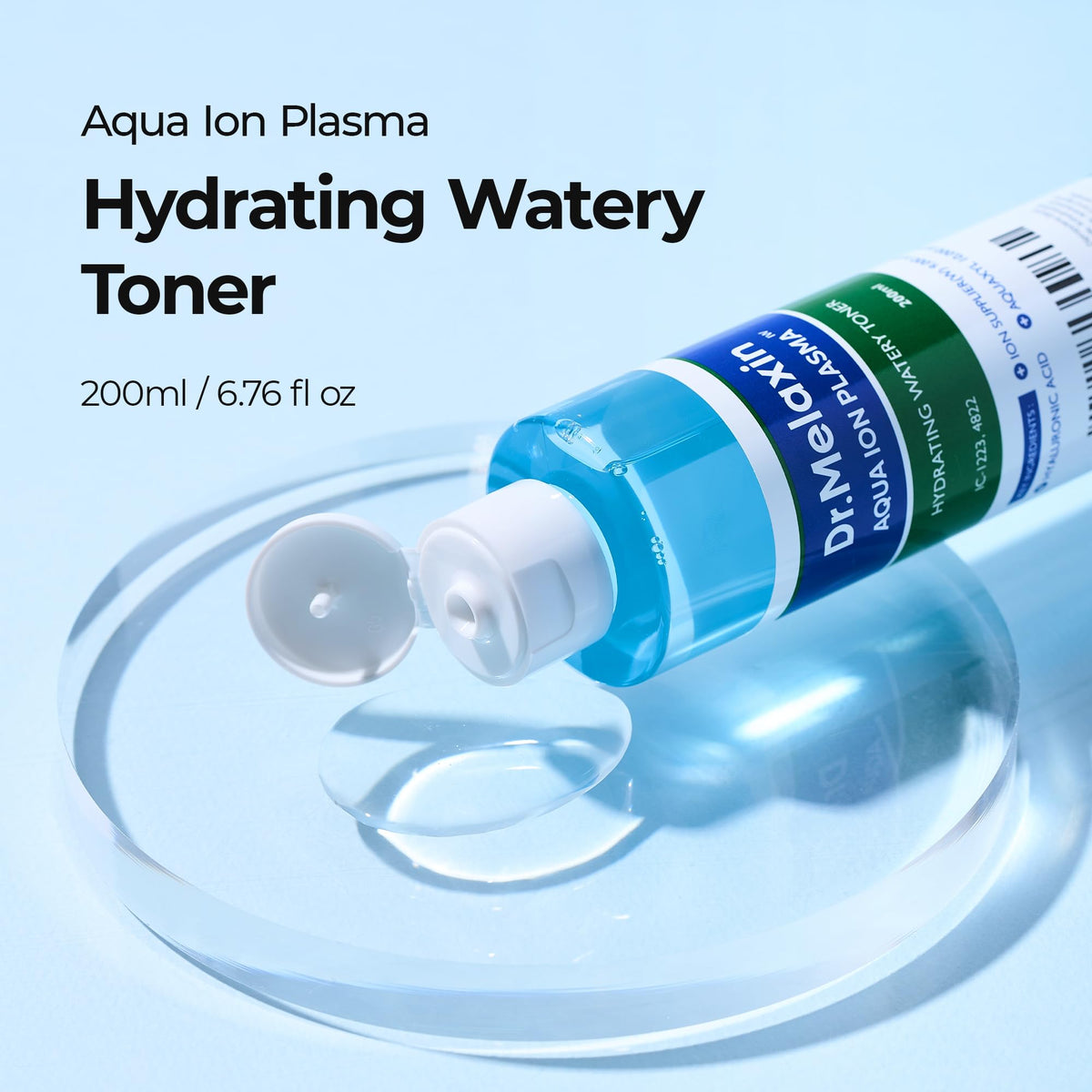 Close-up of Dr.Melaxin Aqua Ion Plasma Toner label with Aquaxyl and ceramide emphasis