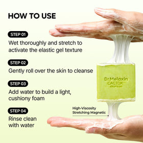 Dr. Melaxin Cactox daily cleansing routine image demonstrating gentle, elastic foam lather.