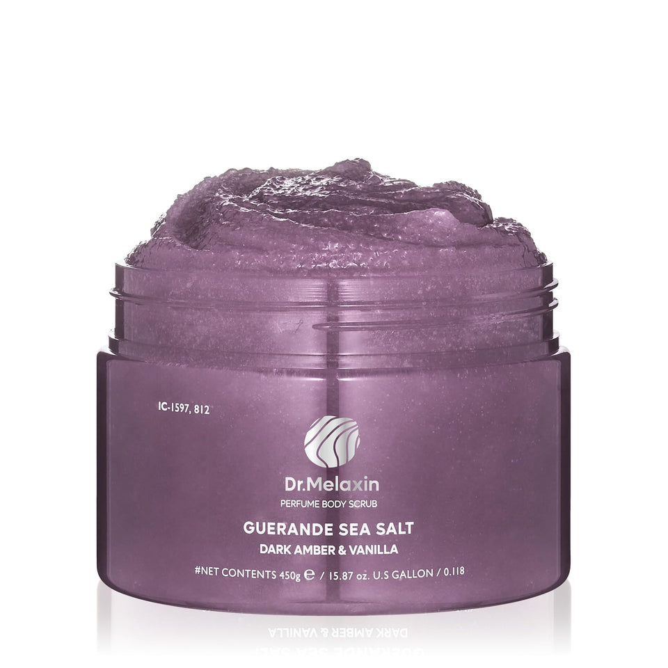 Dr.Melaxin Guerande Sea Salt Scrub packaging highlights premium minerals for radiant skin.