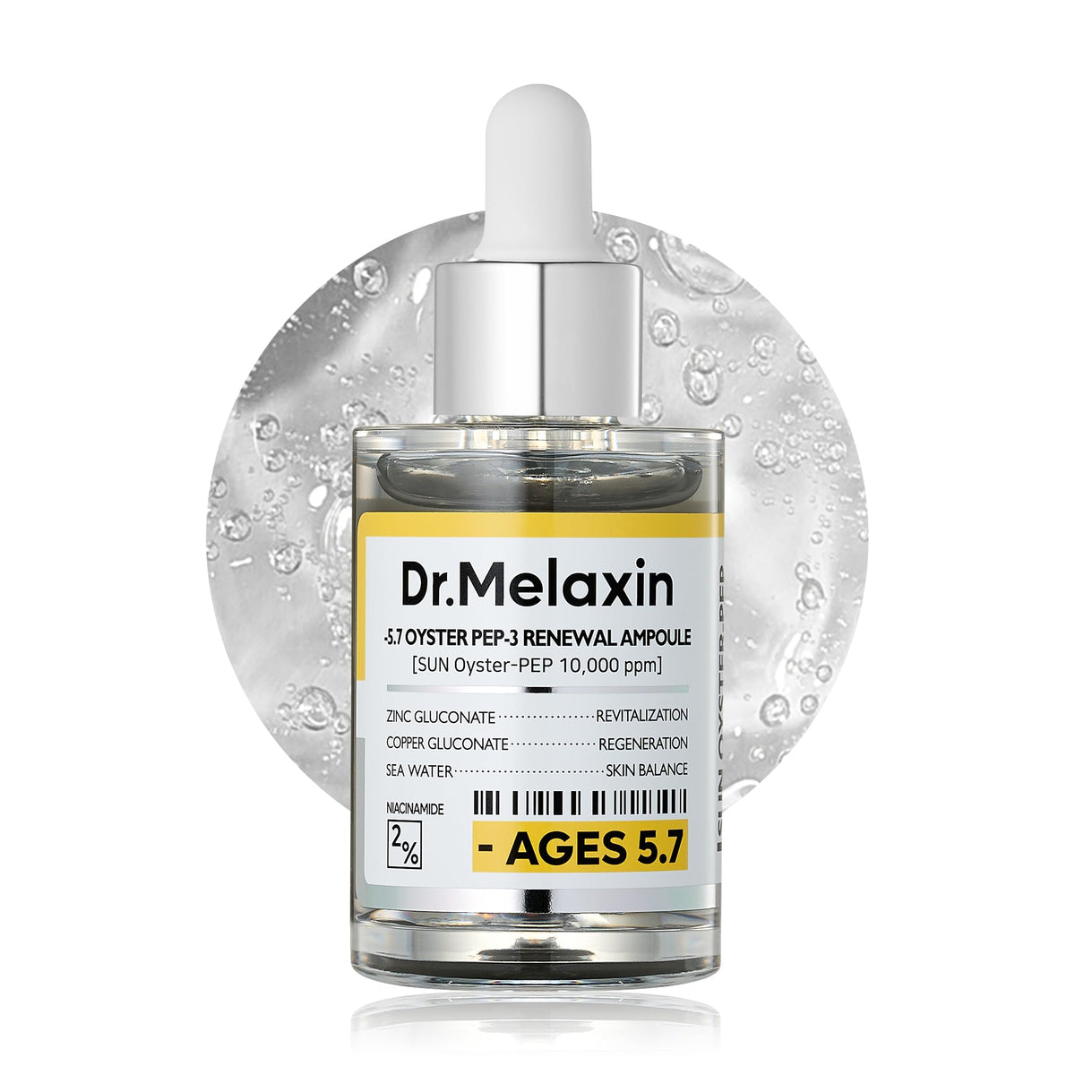 Dr.Melaxin Oyster Pep3 Renewal Ampoule bottle highlighting deep hydration and glow