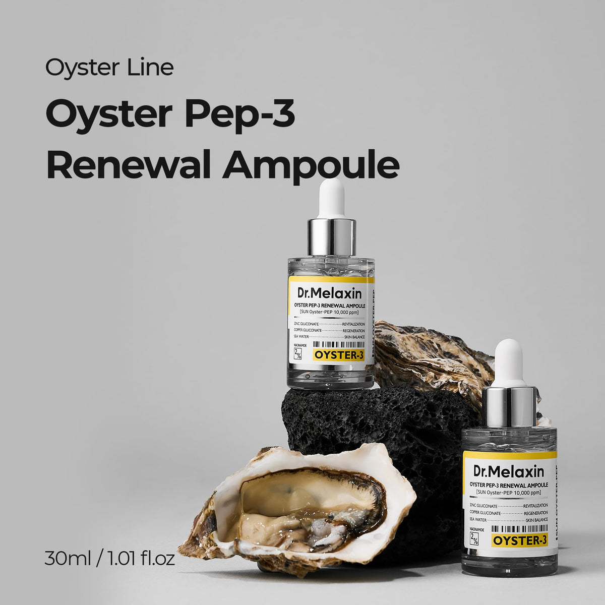 Dr.Melaxin Oyster Pep3 Renewal Ampoule dropper releasing a precise amount of serum for plump skin