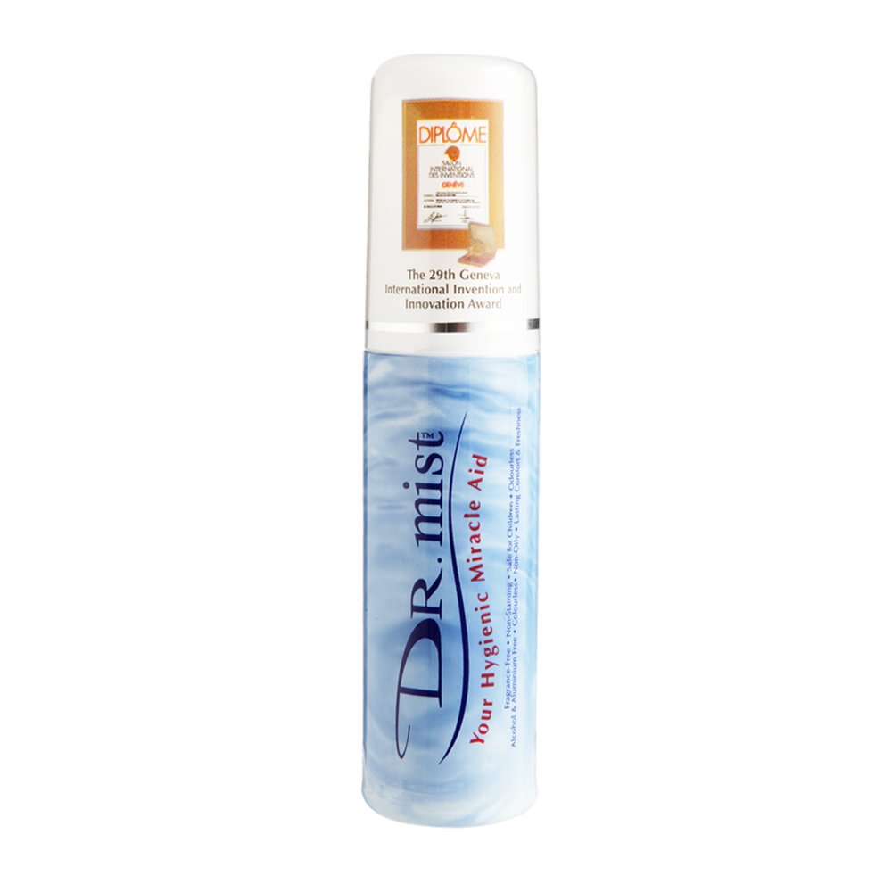 Dr. Mist Unscented deodorant spray bottle for long-lasting odor control and skin comfort.