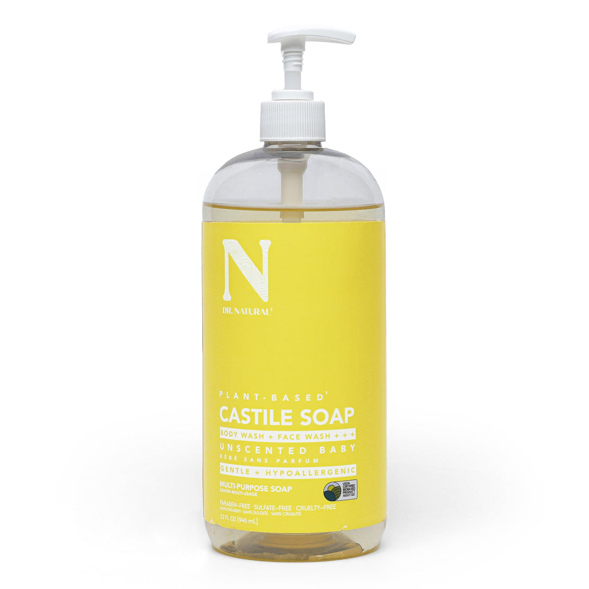 Dr. Natural Castile Liquid Soap bottle pour for easy multi-use dispensing