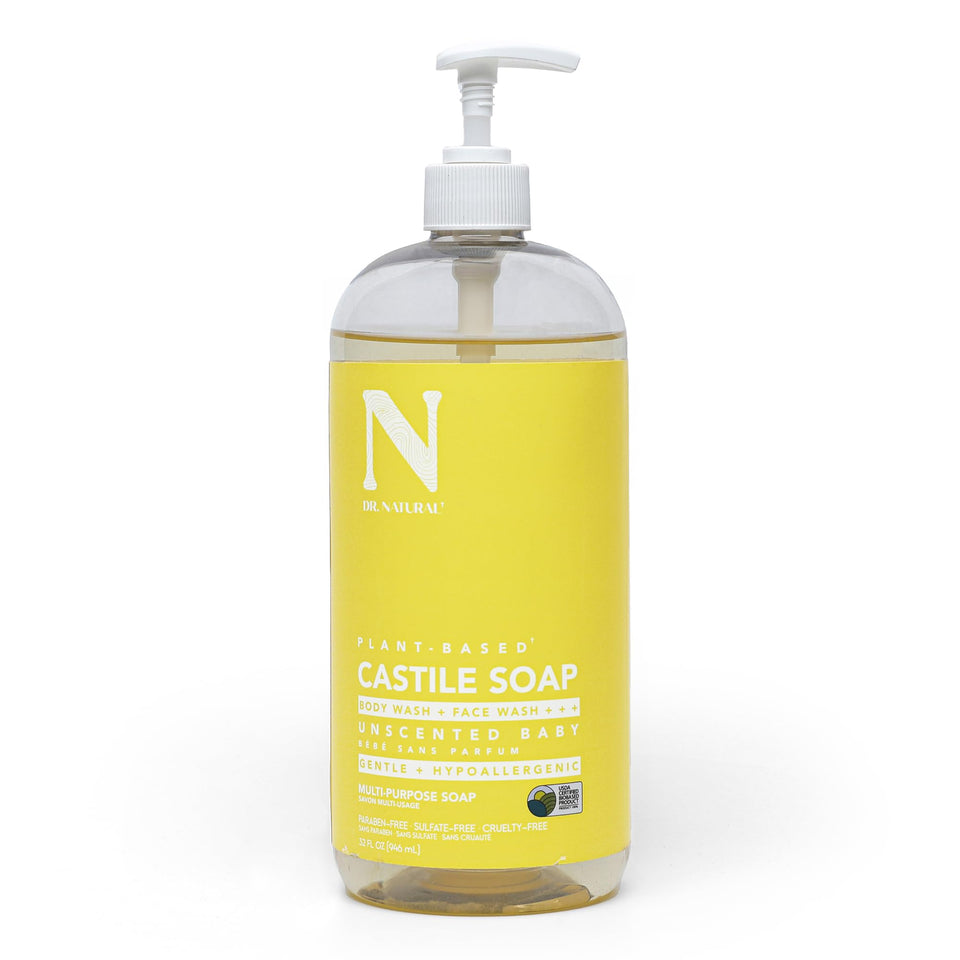 Dr. Natural Castile Liquid Soap bottle pour for easy multi-use dispensing