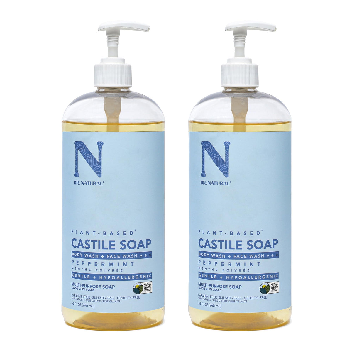 Dr. Natural Castile Peppermint bottle sits on a bathroom shelf for multi-purpose use.