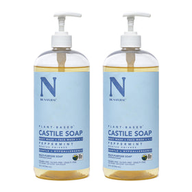 Dr. Natural Castile Peppermint bottle sits on a bathroom shelf for multi-purpose use.
