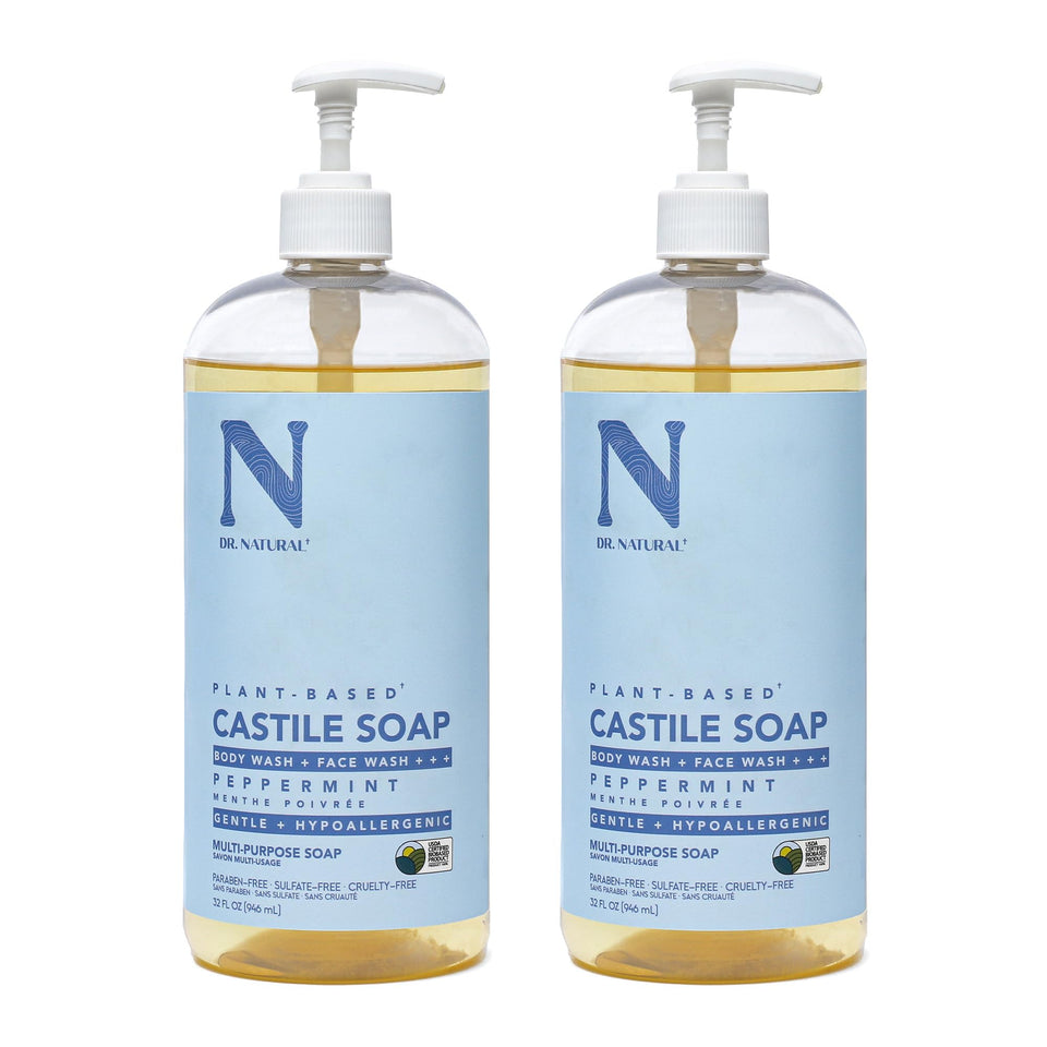 Dr. Natural Castile Peppermint bottle sits on a bathroom shelf for multi-purpose use.