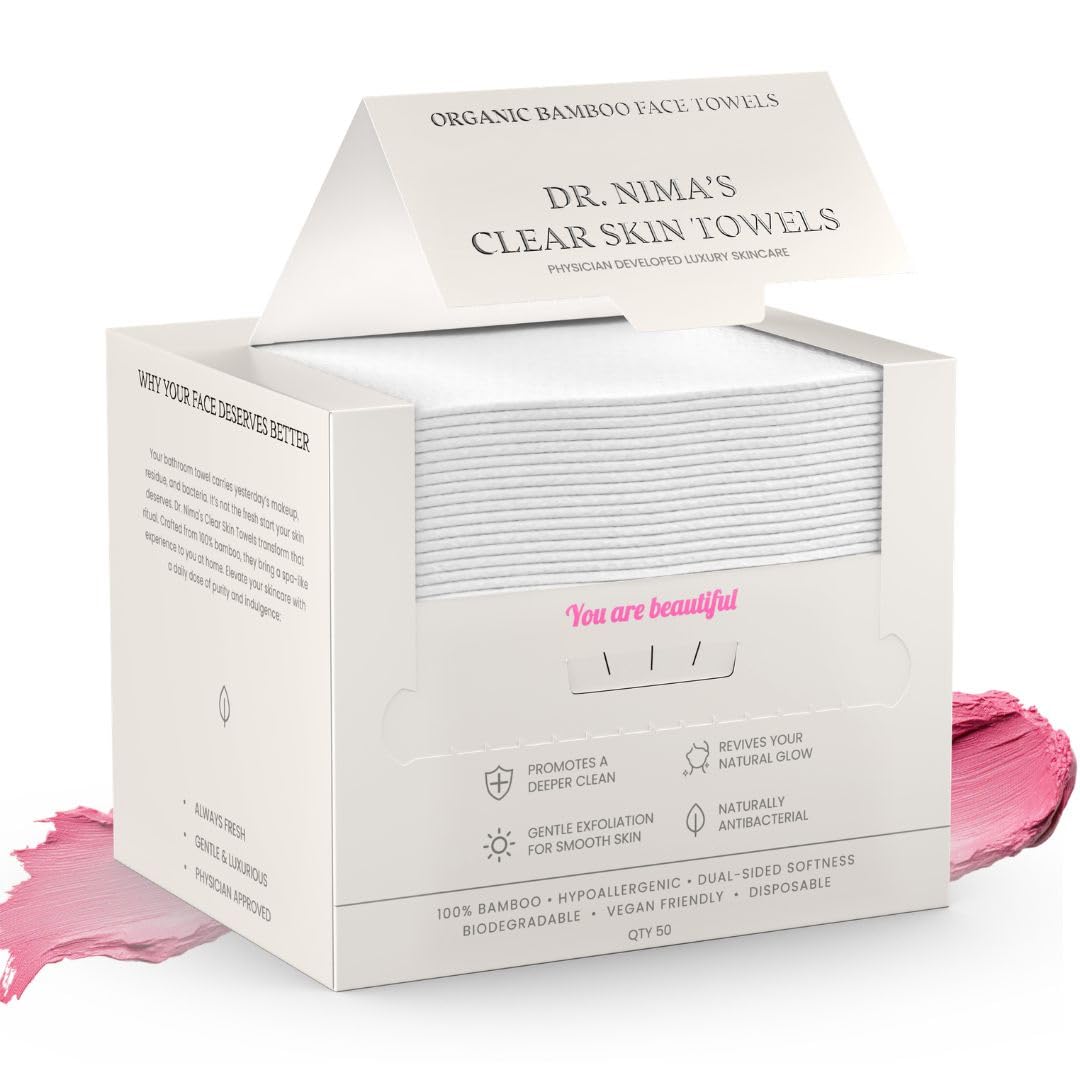 Dr. Nima's Clear Skin Towel Pack with 50 disposable towels for daily drying.