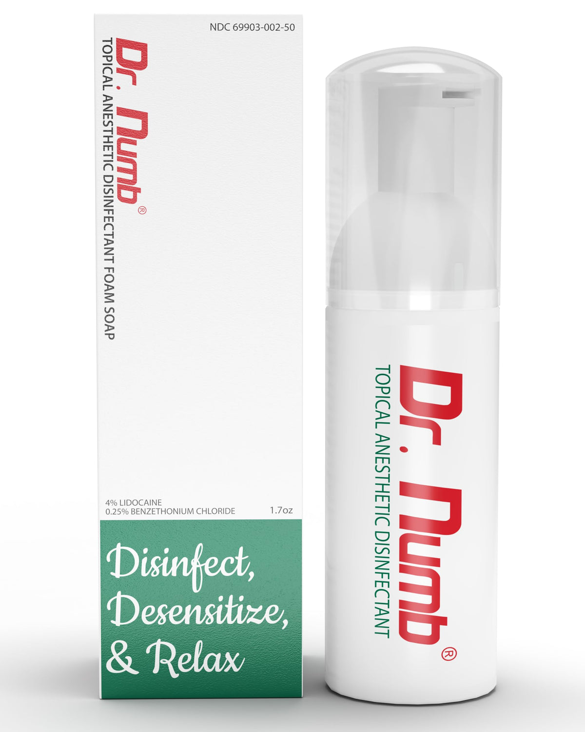 Dr. Numb four-percent lidocaine foam soap bottle for quick topical relief.