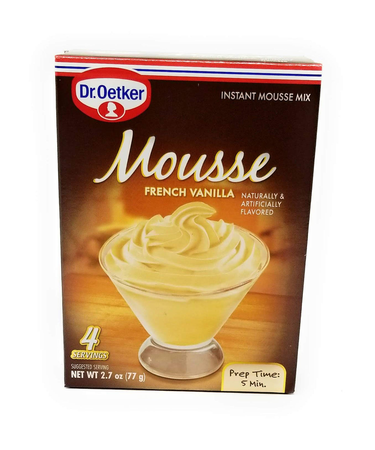 Dr. Oetker French Vanilla Mousse six-pack on counter, quick dessert solution.
