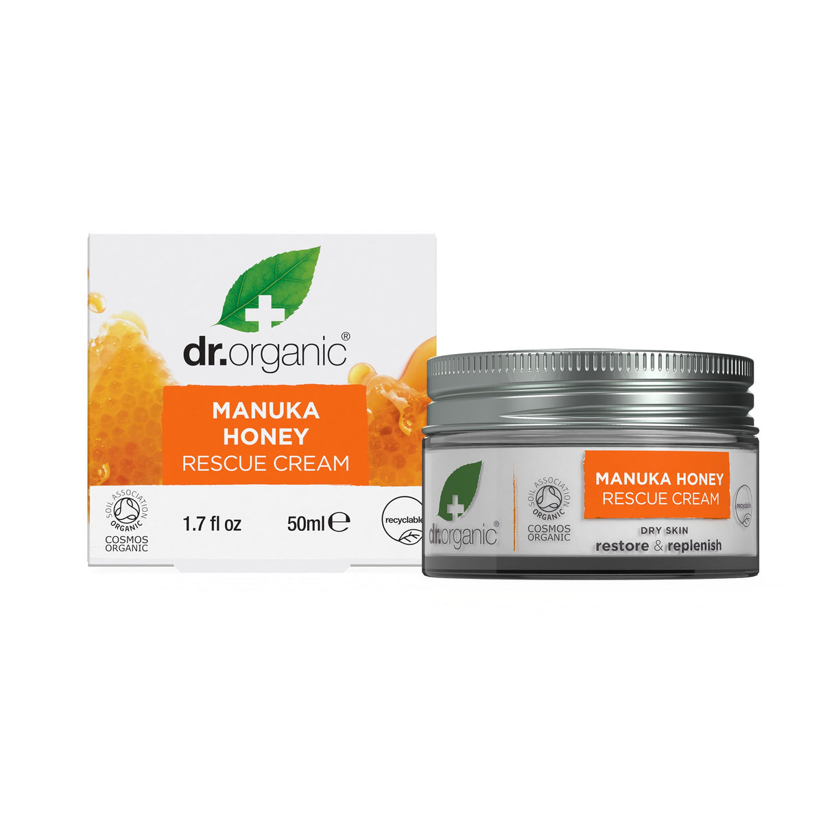 Dr. Organic Manuka Honey Rescue Cream jar with nourishing, hypoallergenic care for dry skin.