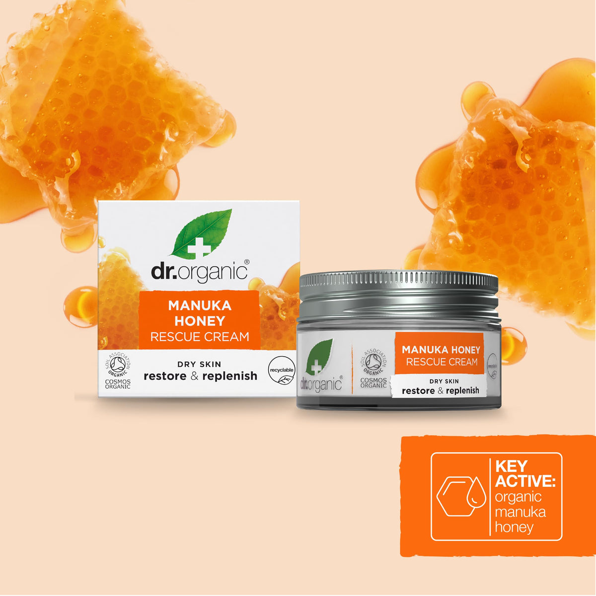 Label on Dr. Organic Manuka Honey Rescue Cream indicating certified organic and cruelty-free.