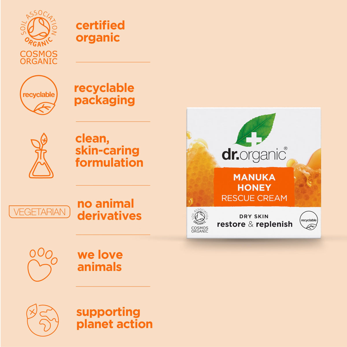 Packaging view of Dr. Organic Manuka Honey Rescue Cream in recyclable glass jar.