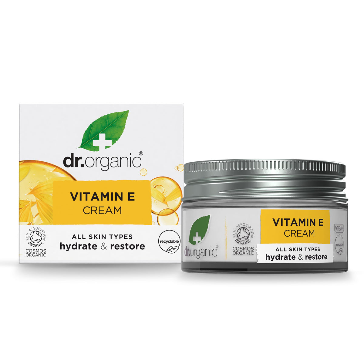 Dr Organic Vitamin E moisturising cream bottle pour demonstrates smooth, hydrating application