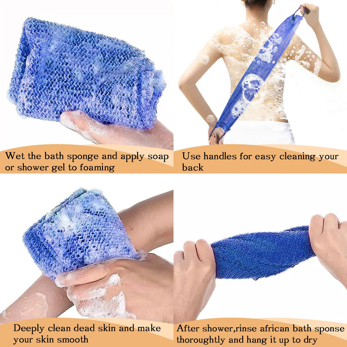 Dr.Pedi African Net Sponge with blue handle improves reach and exfoliation
