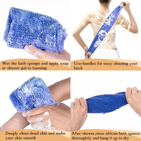 Dr.Pedi African Net Sponge with blue handle improves reach and exfoliation