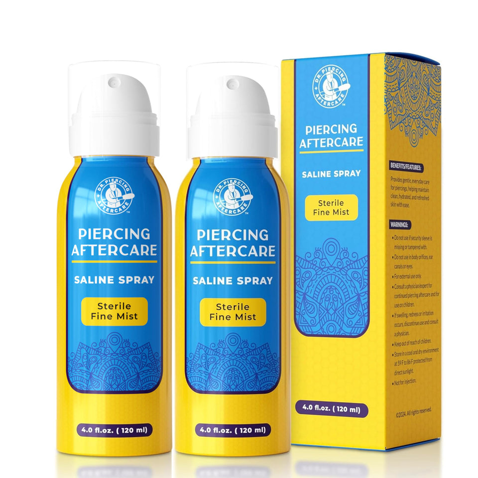 DR. PIERCING AFTERCARE spray 8oz bottle for daily piercing cleanup with sterile saline.