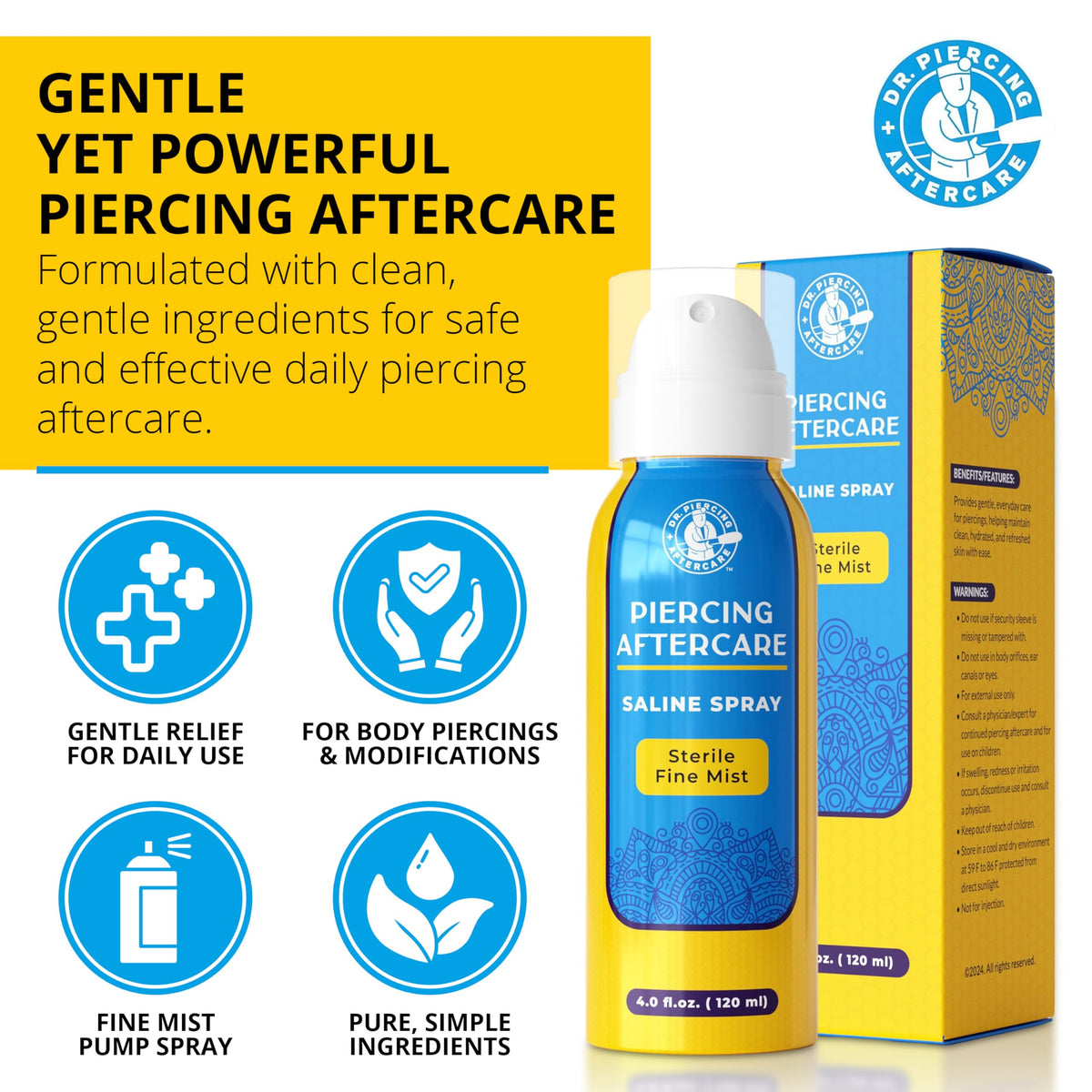 DR. PIERCING AFTERCARE spray fine mist provides gentle, precise coverage for nose and ear piercings.