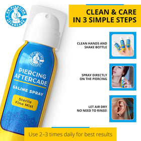 DR. PIERCING AFTERCARE spray pump action ensures even application without harsh streams.